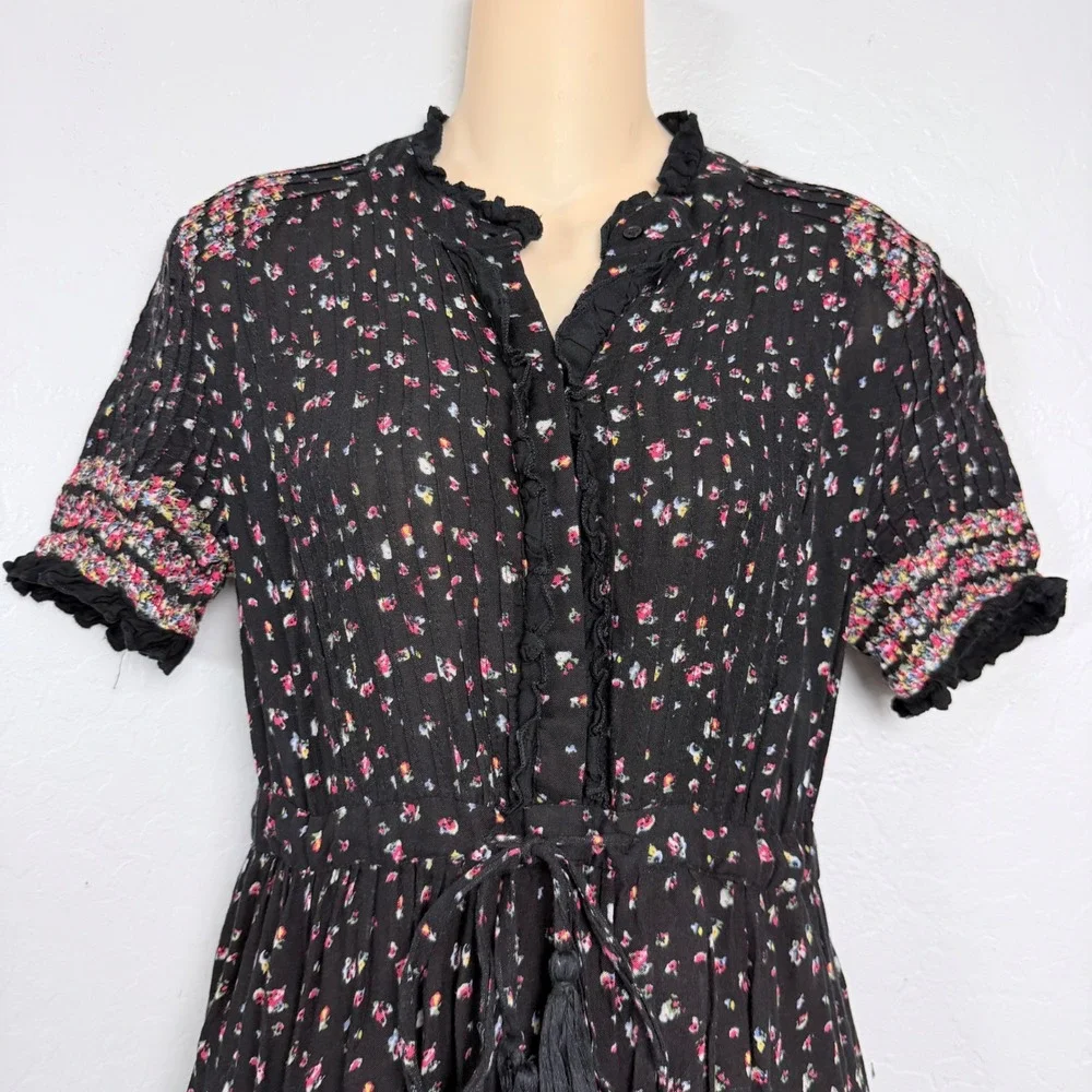 Free People Rare Feelings Dress XS Black Gauze Floral Tiered Smocked Ruffle Midi - Picture 3 of 9